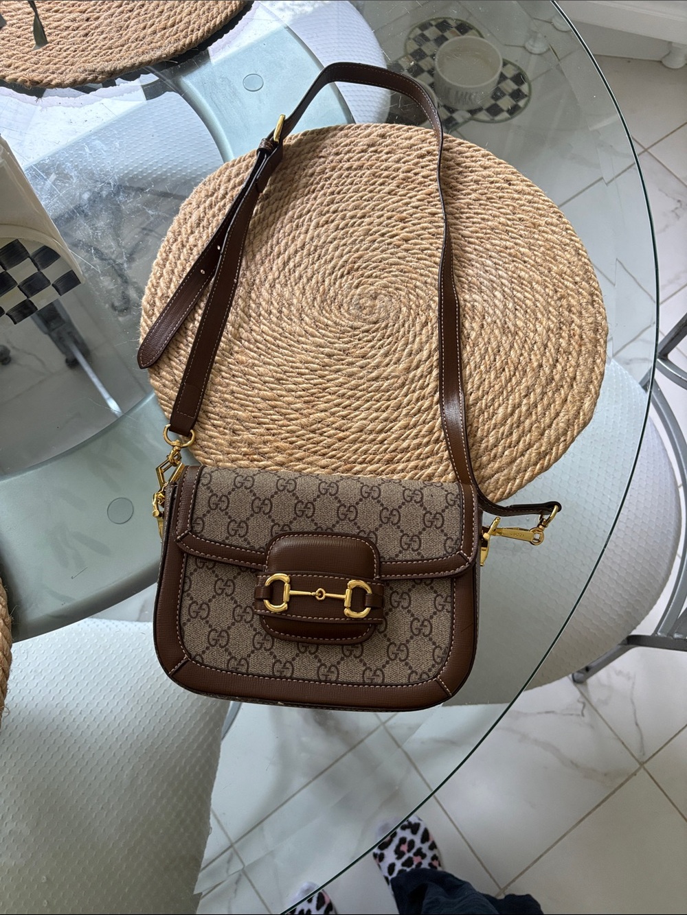 Gucci Brown GG Supreme Canvas Crossbody with Leather Trim and Gold Hardware